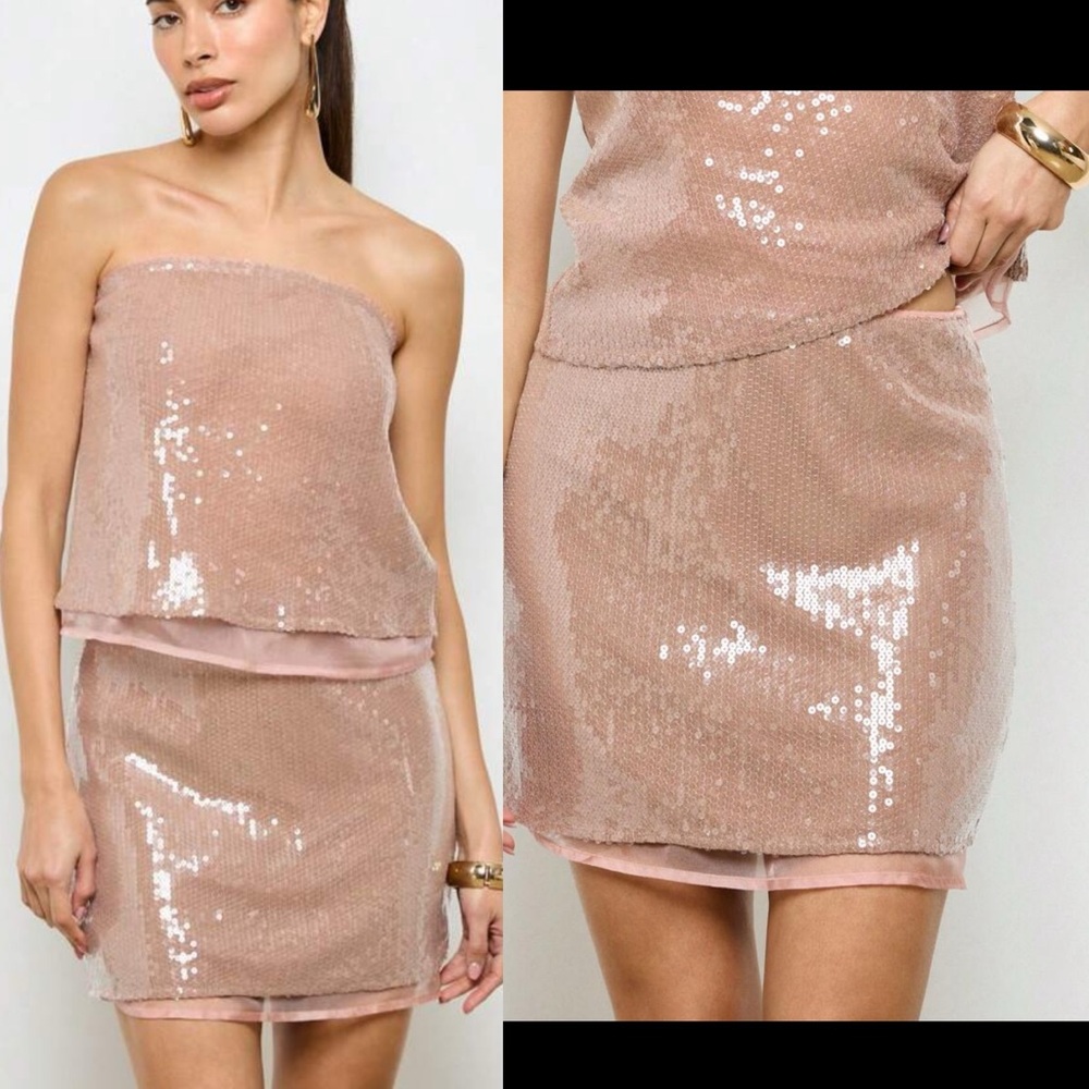 Dusty pink sequin matching 2 piece set strapless top & mini skirt mesh hem trim